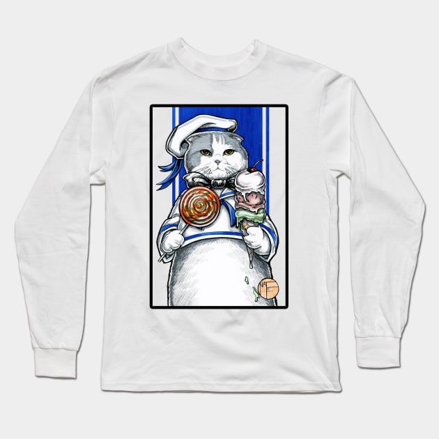 Sailor Cat With Ice Cream - Black Outlined Version Long Sleeve T-Shirt by Nat Ewert Art